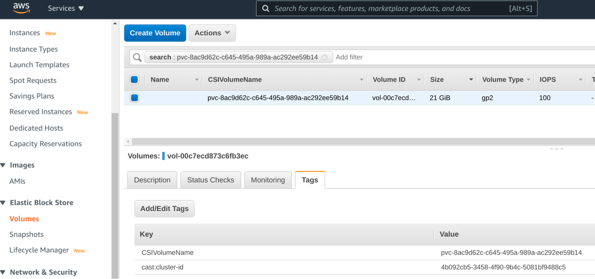 Screenshot of AWS web console, showing EBS volume identification